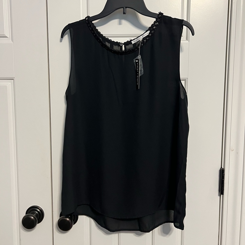 Violet & Claire Black Sleeveless Beaded Neckline Blouse